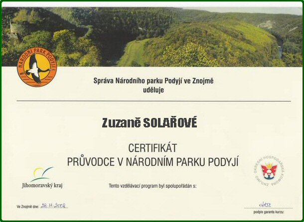 certifikát průvodkyně NP POdyjí - paní Zuzany Solařové